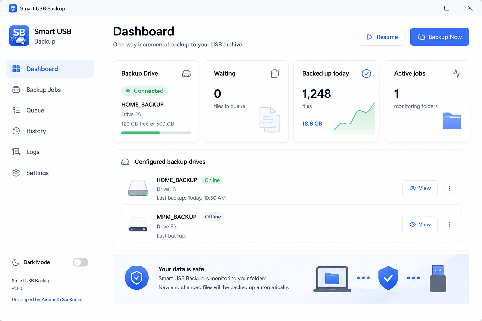 Smart USB Backup dashboard showing automatic backup status